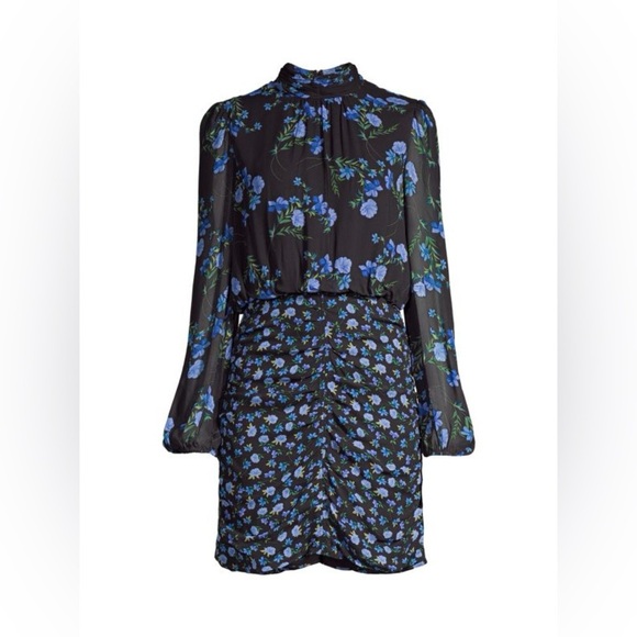 New Shoshanna Kiana Floral Dress Ruched Skirt Mock Neck Long Sleeve Mini 12 Blue - Picture 2 of 16